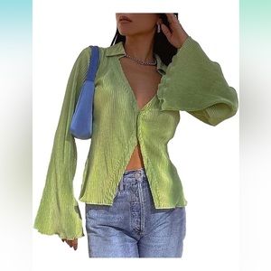 LYANER V Neck Button Front Bell Long Sleeve Blouse